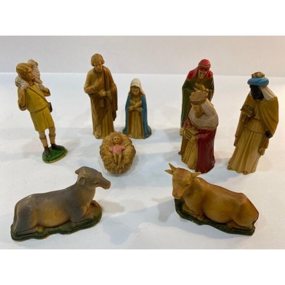 Vintage Nativity 9 Pc ART Plastics Small Figures Holy Family British Hong Kong - Picture 1 of 6